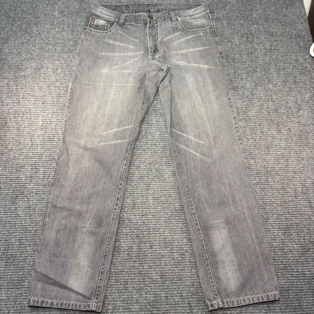 Renzo Vintage Denim Mens Gray Straight Leg Jean Contrast Stitch Distressed 36x32